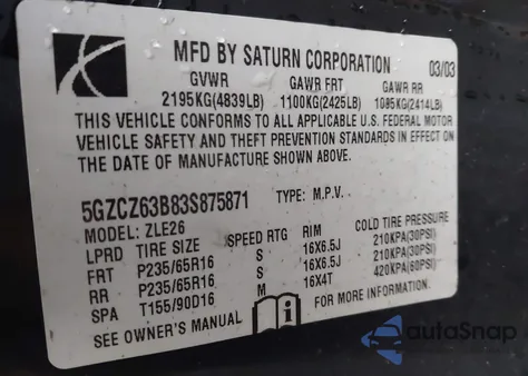 2003 Saturn Vue V6 z USA, uszkodzony, nr VIN 5GZCZ63B83S875871